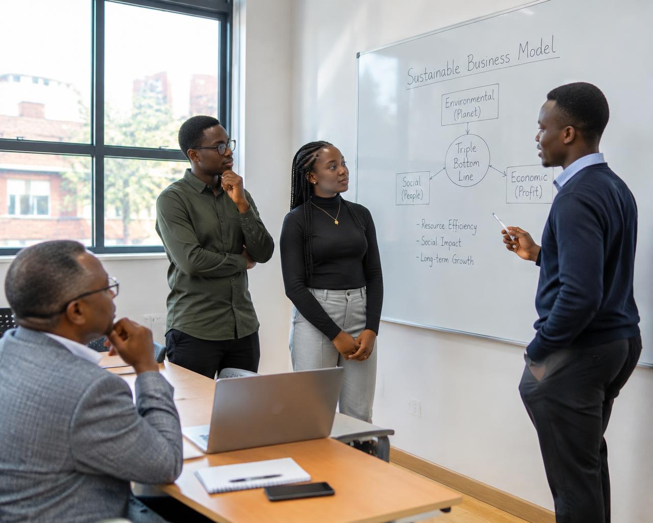 Business students presenting to a lecturer