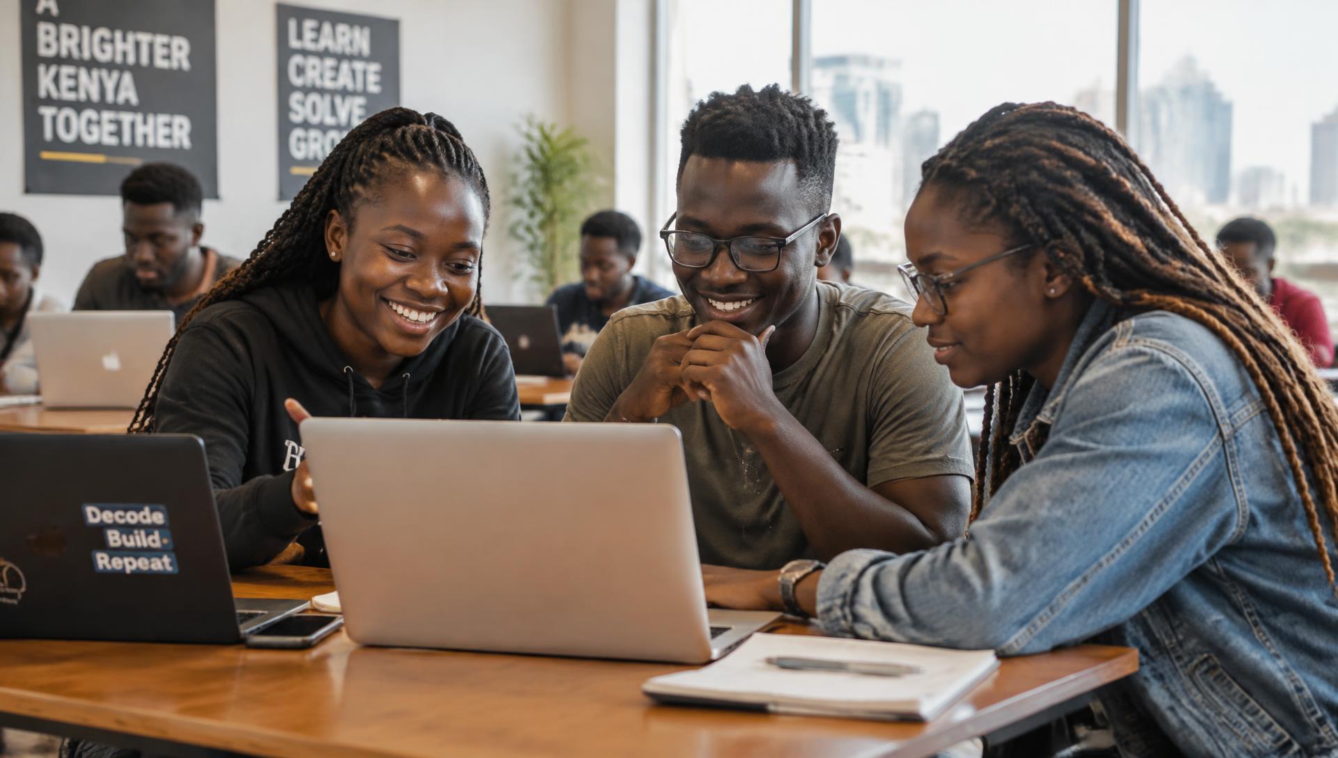 Kenyan students collaborating on laptops in a modern Poise College classroom