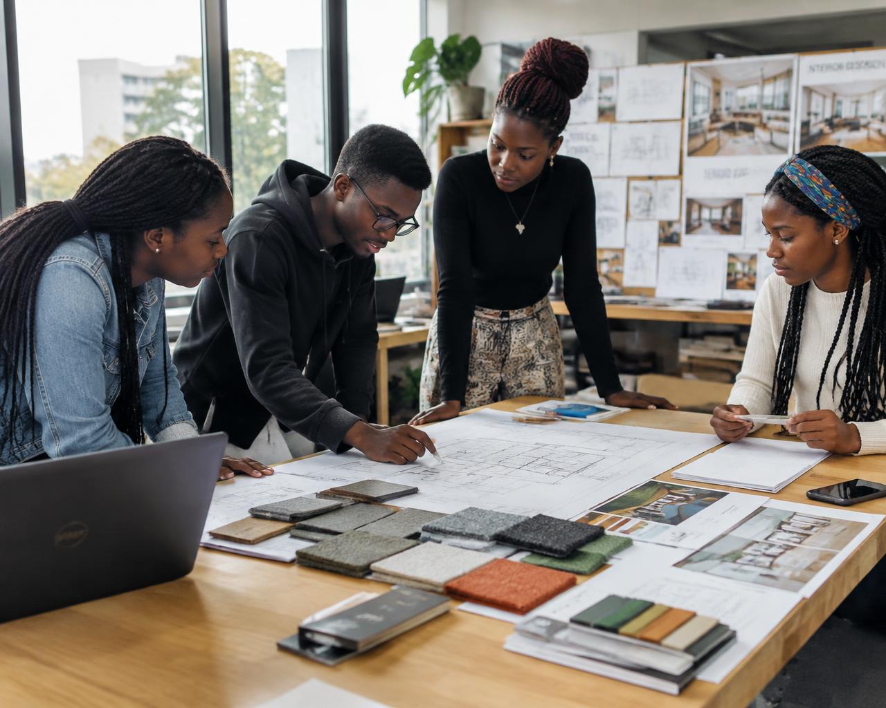 Interior design students reviewing material samples